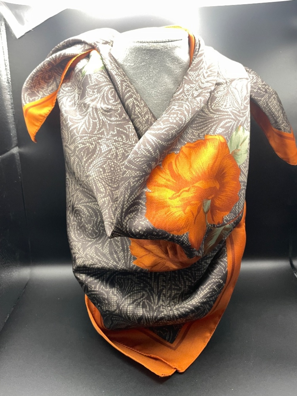 Vintage Rusty Orange Rose Print Silky Polyester Square  Scarf